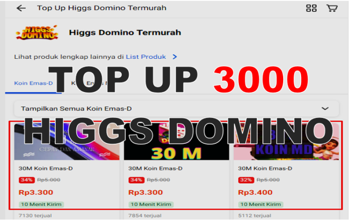 Top up higgs domino 3000 dana